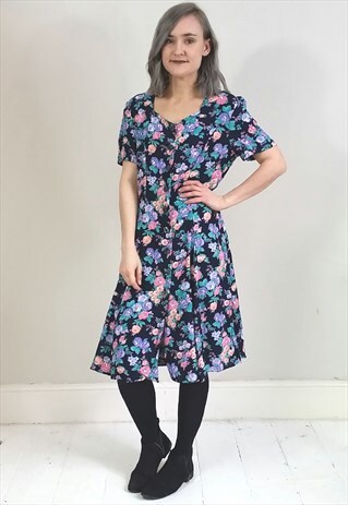 VINTAGE 90'S PURPLE AND PEACH FLORAL BUTTON DOWN DRESS