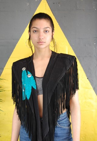80S DENIM AND SUEDE FRINGE CAPELET