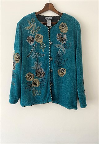 VINTAGE 90S FLORAL TURQUOISE EMBROIDERED CARDIGAN L