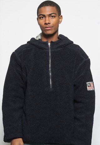 VINTAGE POLO JEANS 1/2 ZIP HOODED FLEECE BLUE