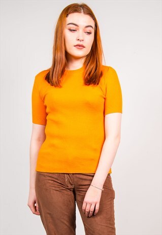 VINTAGE 70'S ORANGE KNIT SHORT SLEEVE RIBBED TOP