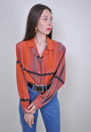 80S RED PATTERN BLOUSE, VINTAGE ABSTRACT SHIRT LONG SLEEVE