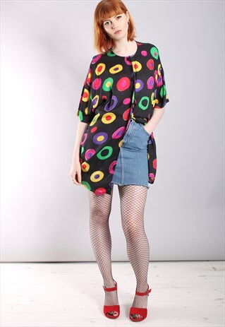 VINTAGE 80S BRIGHT CIRCLE PATTERNED LONG BUTTON TOP