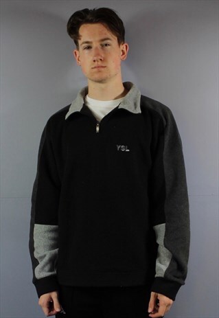 VINTAGE YSL 1/4 ZIP FLEECE SWEATSHIRT IN BLACK WITH EMBROIDE