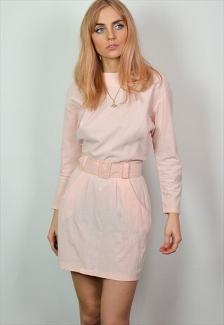 VINTAGE PASTEL PINK LONG SLEEVE BELTED MINI DRESS