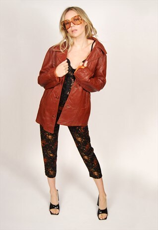 60S LEATHER COAT (S) VINTAGE MAROON JACKET TRENCH MOD BIKER