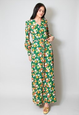 70's Vintage Ladies Floral Green Floral Bell Sleeve Dress