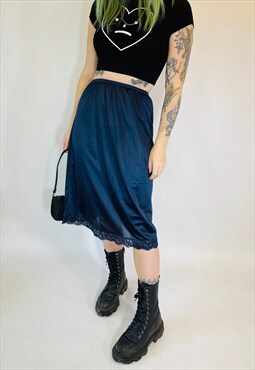 Vintage 90s Gorgeous Navy Blue Lace Midi Slip Skirt