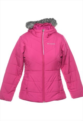 BEYOND RETRO VINTAGE COLUMBIA PINK HOODED FUR TRIM PUFFER JA