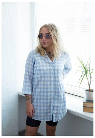 VINTAGE 80'S BLUE/WHITE CHECKED BLOUSE