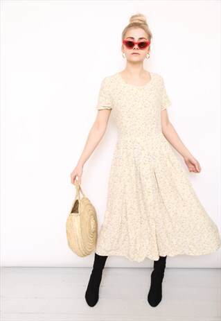 VINTAGE 90S YELLOW FLORAL PRINT MIDI DRESS