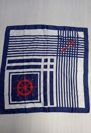 VINTAGE 90S NECK SCARF BLUE WHITE NAUTICAL SAILOR SQUARE 