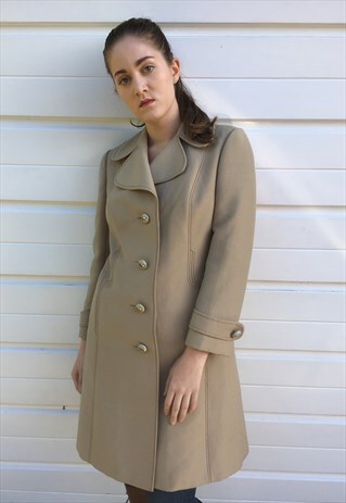 WOMENS VINTAGE 60S 70S BEIGE MIDI LENGTH MAC TRENCH COAT