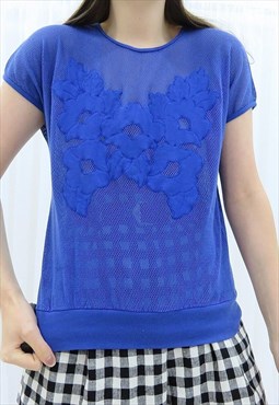 90s Vintage Blue Floral Embroidered Mesh Top (Size S)