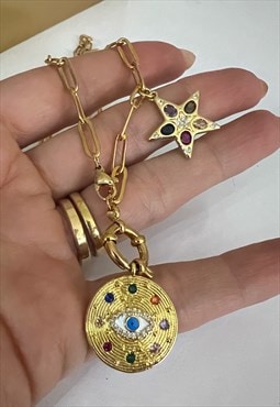 Eye Medallion and Star Gold Plated Necklace 