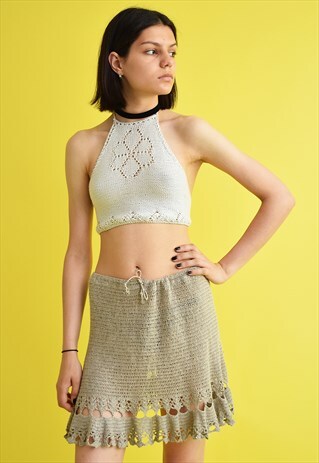 VINTAGE 70'S RETRO BOHO CROCHET SHEER MINI LINEN SKIRT
