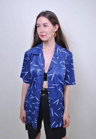 80S BLUE FLORAL SHIRT, VINTAGE PATTERN HAWAII BLOUSE, SIZE L