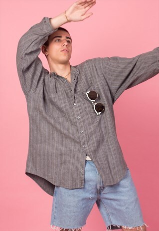STRIPED GRANDAD COLLAR SHIRT