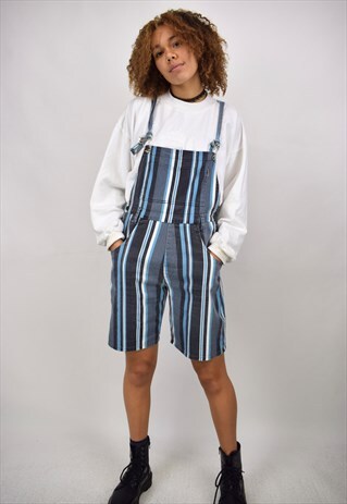 VINTAGE 90S BLUE WHITE VERTICAL STRIPED DUNGAREE SHORTS