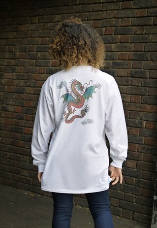 CHINESE DRAGON DESIGN ON WHITE LONG SLEEVED T-SHIRT