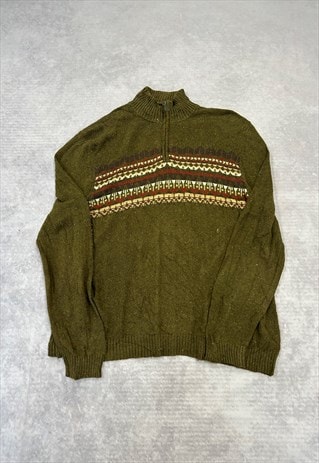 EDDIE BAUER KNITTED JUMPER PATTERNED 1/4 ZIP GRANDAD SWEATER