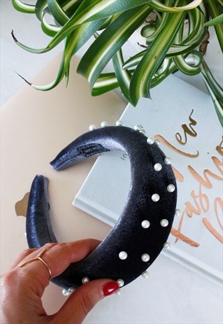 CHARCOAL GREY PADDED VELVET PEARL ALICE HEAD BAND