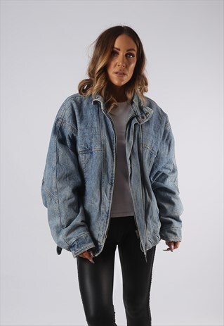 VINTAGE DENIM JACKET OVERSIZED BOMBER UK 14 LARGE (JQ4T)