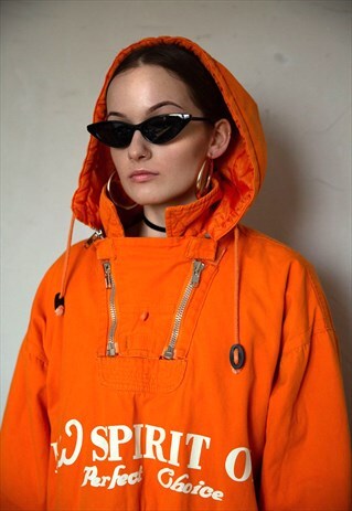 VINTAGE NEON ORANGE 1/4 ZIP HOODED ANORAK JACKET . UNISEX