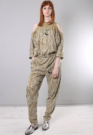 VINTAGE 80S LEOPARD PATTERNED SUEDE COLD SHOULDER JUMPSUIT