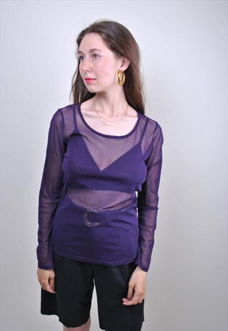 90S PURPLE TRANSPARENT RAVE BLOUSE, SIZE S