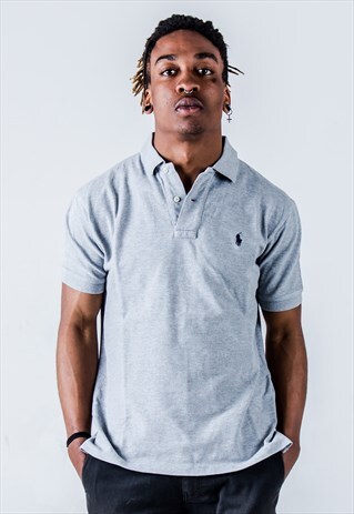 VINTAGE 90S POLO RALPH LAUREN POLO SHIRT IN GREY WITH NAVY