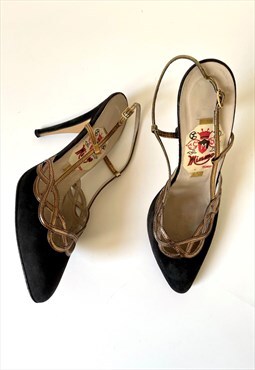 Vintage Decolte Shoes in Black and Gold Suede