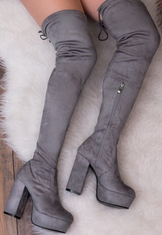 HALLIE PLATFORM BLOCK HEEL OVER KNEE TALL BOOTS- GREY SUEDE