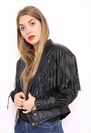 VINTAGE 80S BLACK LEATHER TASSEL FRINGE JACKET