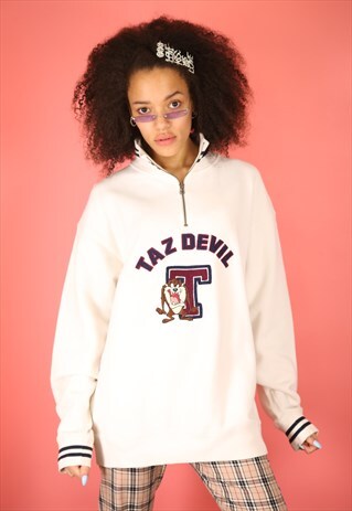 VINTAGE 90S Y2K 1/4 ZIP TAZ CARTOON BEIGE FLEECE JUMPER