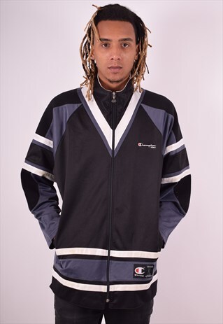 CHAMPION MENS VINTAGE TRACKSUIT TOP JACKET XL BLACK 90S