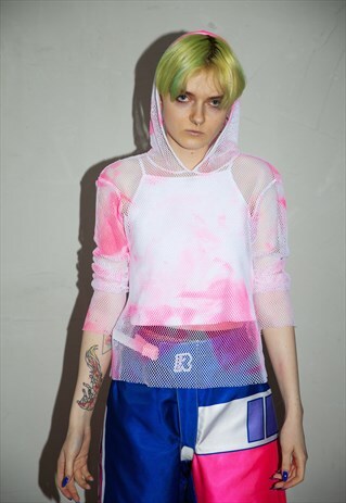 Y2K VINTAGE TIE DYE NEON PINK HOODED NET TOP