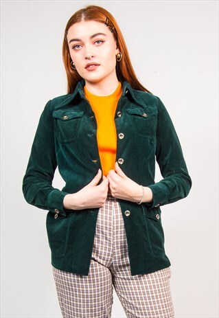VINTAGE 70'S DARK GREEN VELVET SMART SHIRT STYLE JACKET