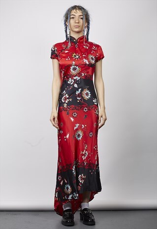 VINTAGE 90'S PREMIUM RED / BLACK FLORAL ORIENTAL MAXI DRESS