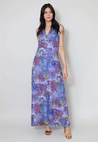 70's Vintage Maxi Dress Sleeveless Blue Tropical Floral 