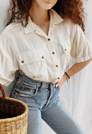 VINTAGE 80S WHITE MINIMALIST HAUTE BOHEME BLOUSE TOP