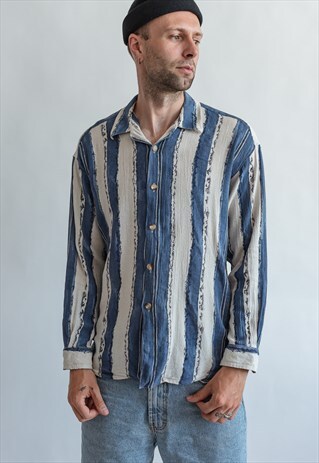 VINTAGE 70S BOHO LINEN SHIRT IN BLUE STRIPE