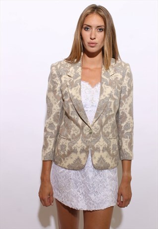 VINTAGE 1980'S 80'S PAISLEY WOOL BLAZER CREAM GREY S-M