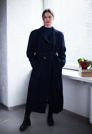 VINTAGE 80'S NAVY WOOL RIBBED BELTED COAT