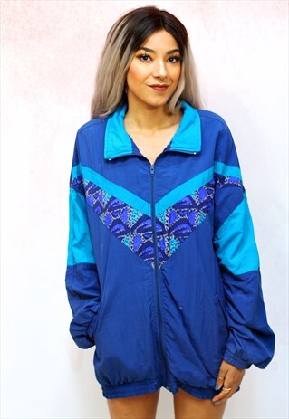 1980S VINTAGE BLUE ANIMAL PRINT OVERSIZED SHELL TRACK JACKET