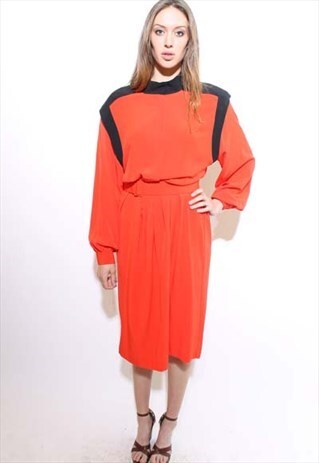 VINTAGE 1980'S 80'S RED BLACK COLOR BLOCK NEW WAVE MIDI L-XL