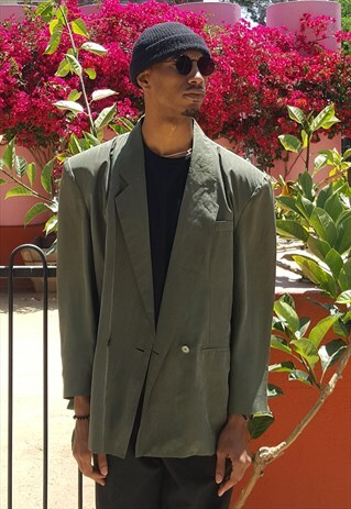 80S 90S MINIMALIST LUXURY GREEN SILK DOUBLE BREASTED BLAZER