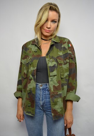 VINTAGE 90S ARMY GREEN CAMO MILITARY SHIRT PUNK ROCKER