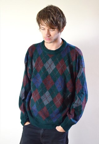 80S VINTAGE GREEN DIAMOND GOLF PATTERN KNIT JUMPER
