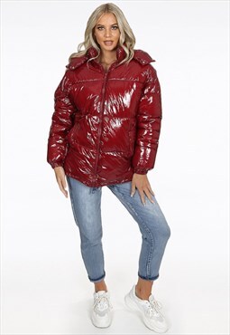 Burgundy High Shine Funnel Neck Quilted Puffer Jacket